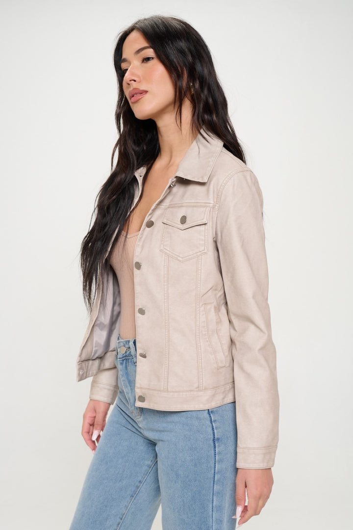 Womens Faux Leather Shacket - Cream - Inspired Eye Boutique