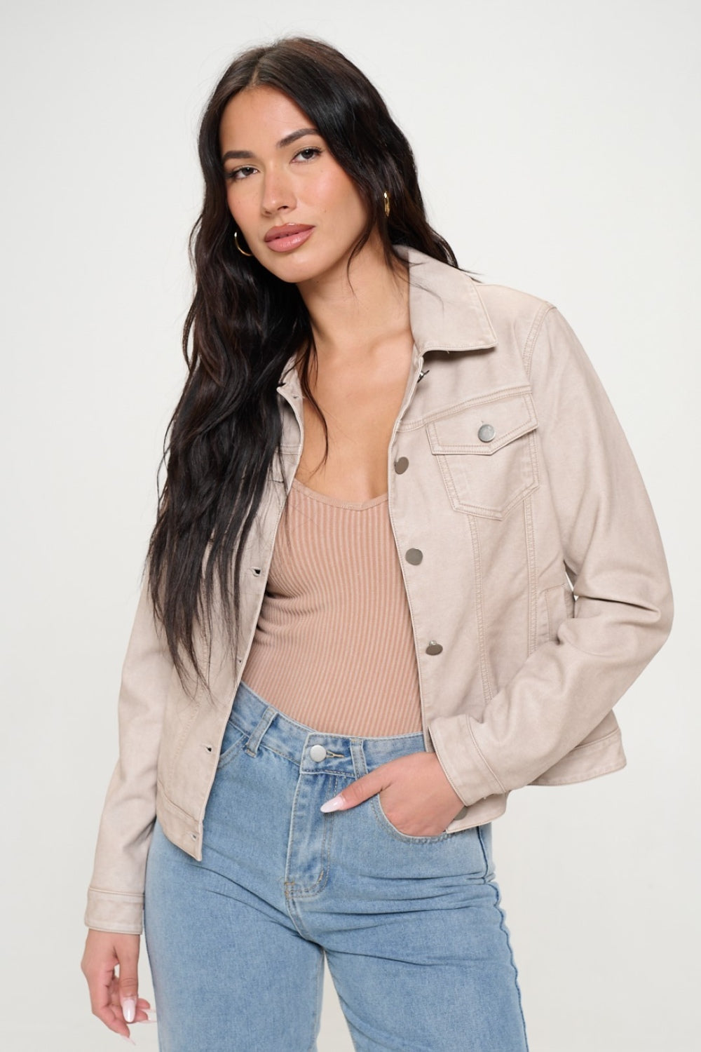 Womens Faux Leather Shacket - Cream - Inspired Eye Boutique