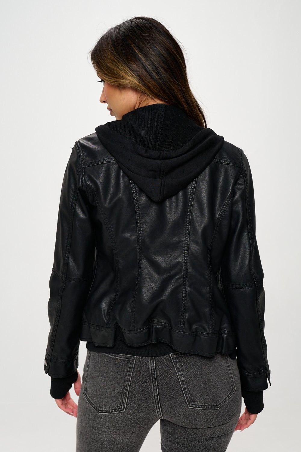 Womens Hooded Pleather Jacket - Black - Inspired Eye Boutique