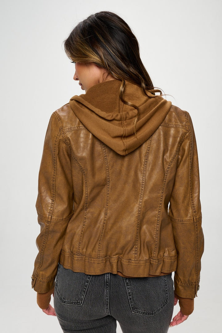 Womens Hooded Pleather Jacket - Camel - Inspired Eye Boutique