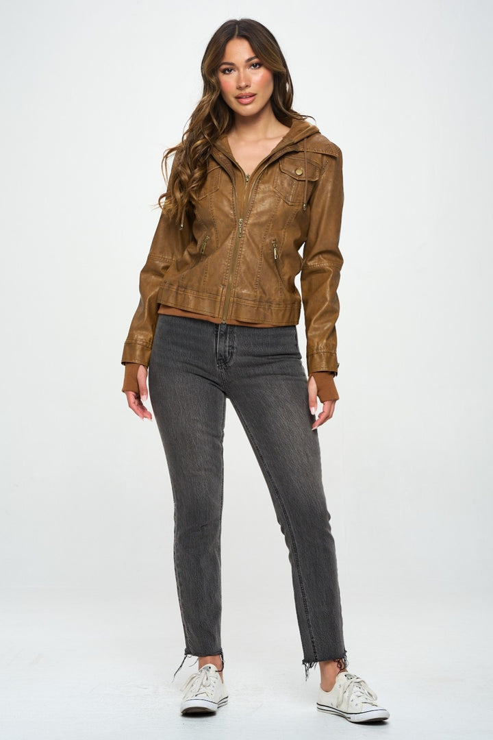 Womens Hooded Pleather Jacket - Camel - Inspired Eye Boutique