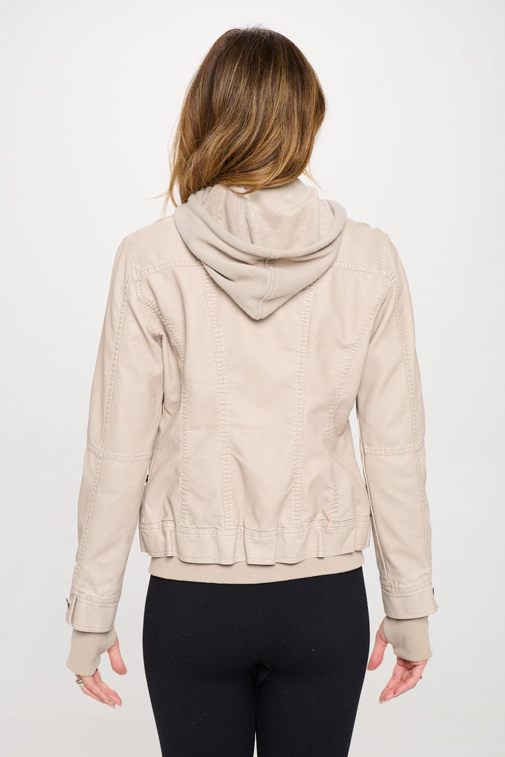 Womens Hooded Pleather Jacket - Cream - Inspired Eye Boutique