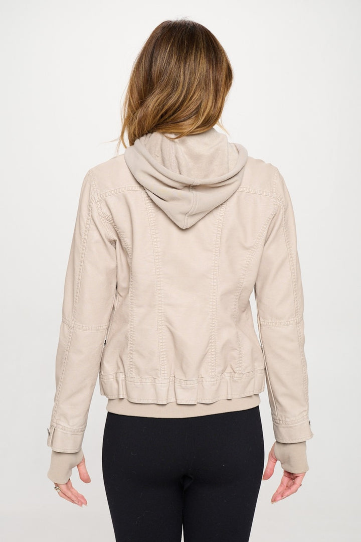 Womens Hooded Pleather Jacket - Cream - Inspired Eye Boutique