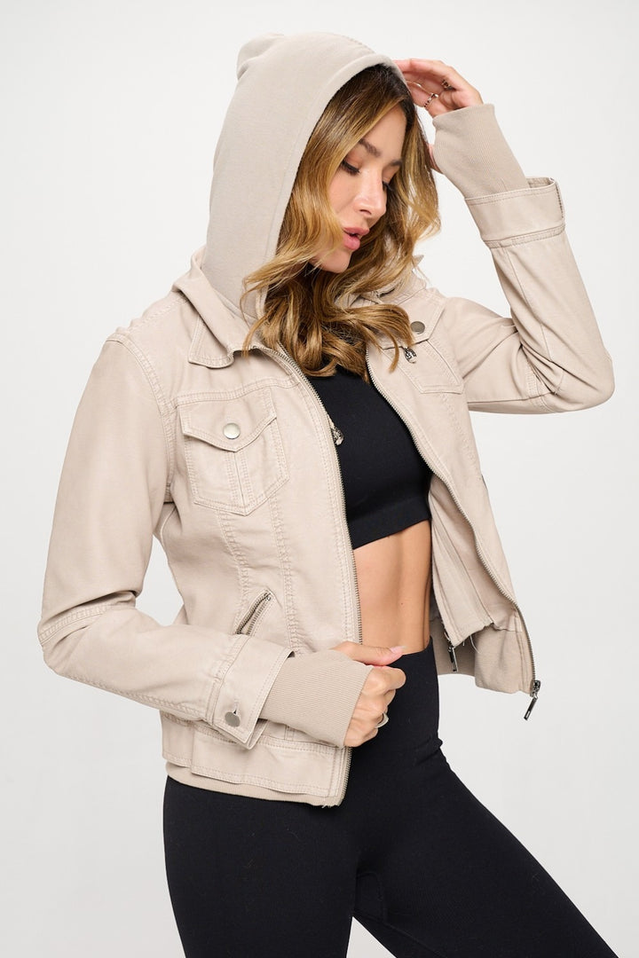 Womens Hooded Pleather Jacket - Cream - Inspired Eye Boutique