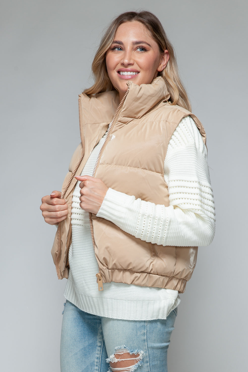 Furry Fortress Quilted Puffer Vest - Iced Coffee