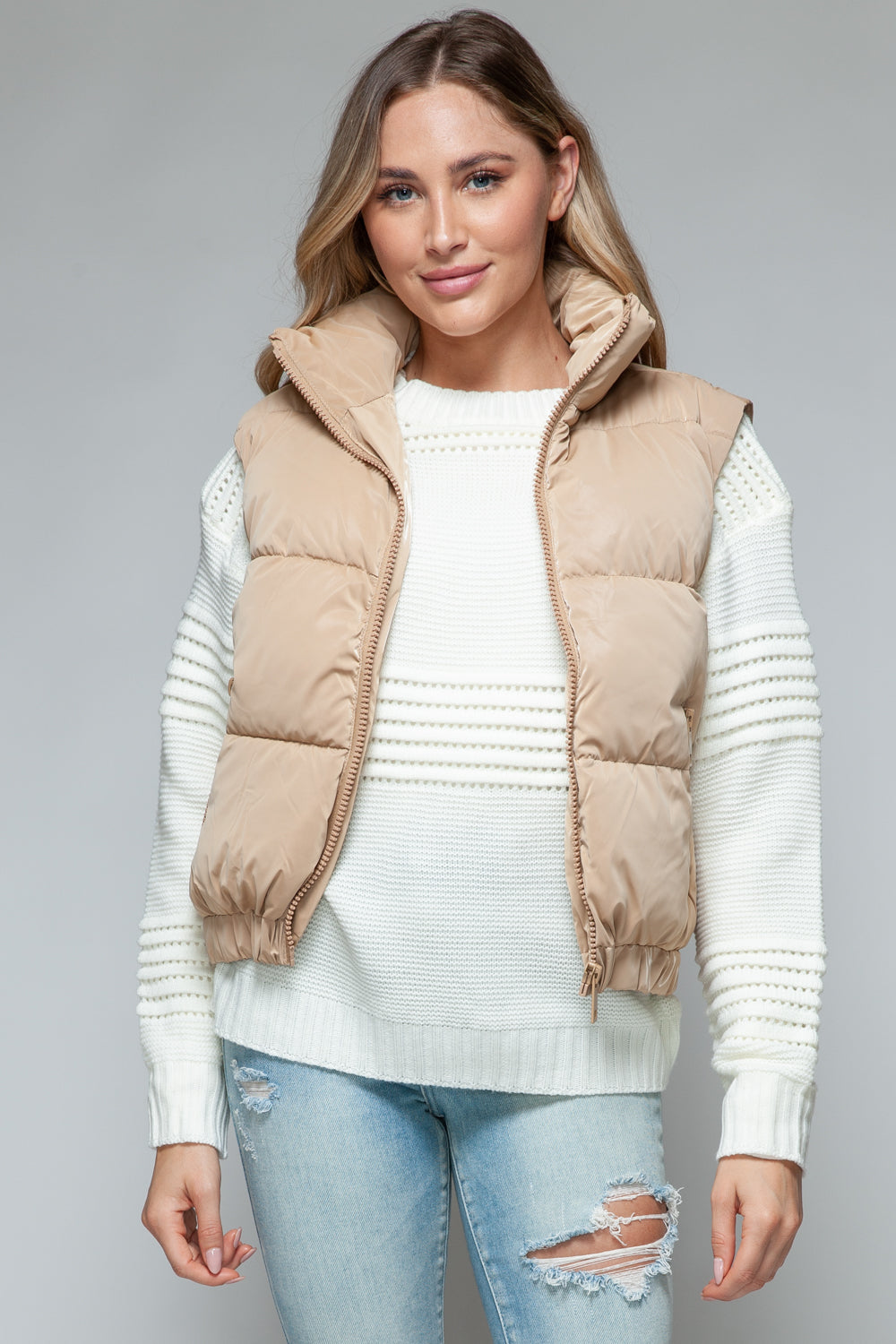 Furry Fortress Quilted Puffer Vest - Iced Coffee