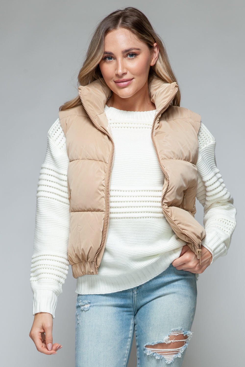 Furry Fortress Quilted Puffer Vest - Iced Coffee