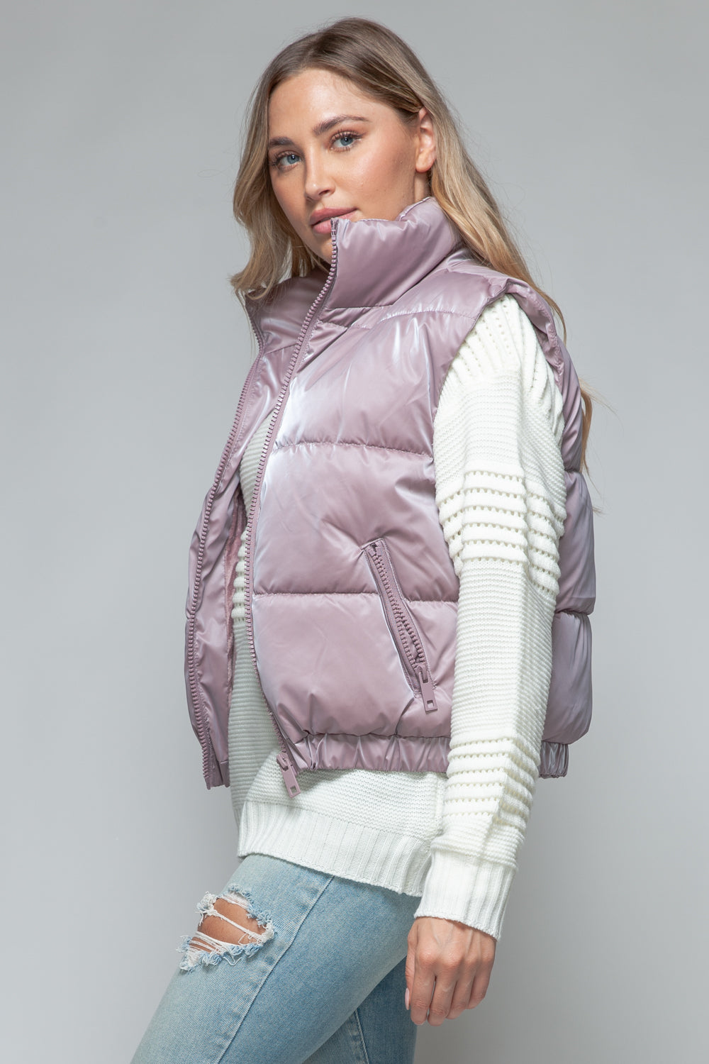 Womens Quilted Puffer Vest - Fur Lining - Dark Rose - Inspired Eye Boutique