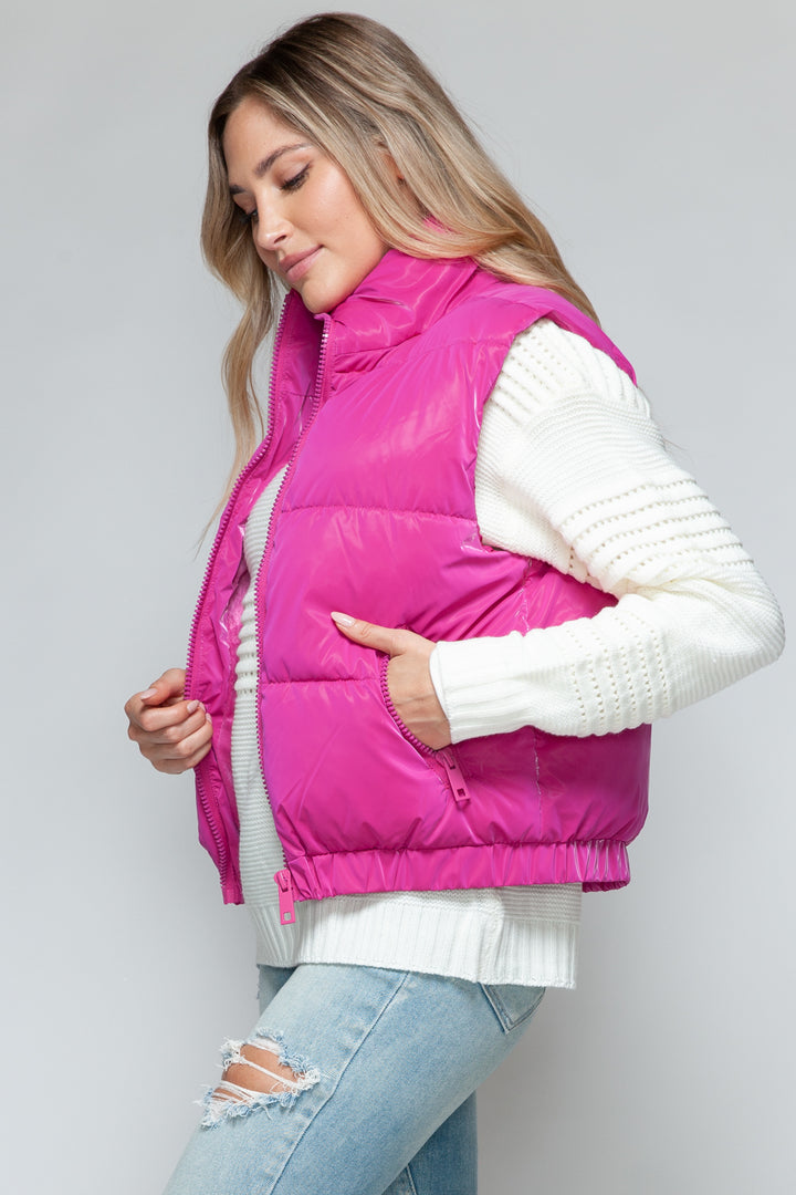 Womens Quilted Puffer Vest - Fur Lining - Hot Pink - Inspired Eye Boutique