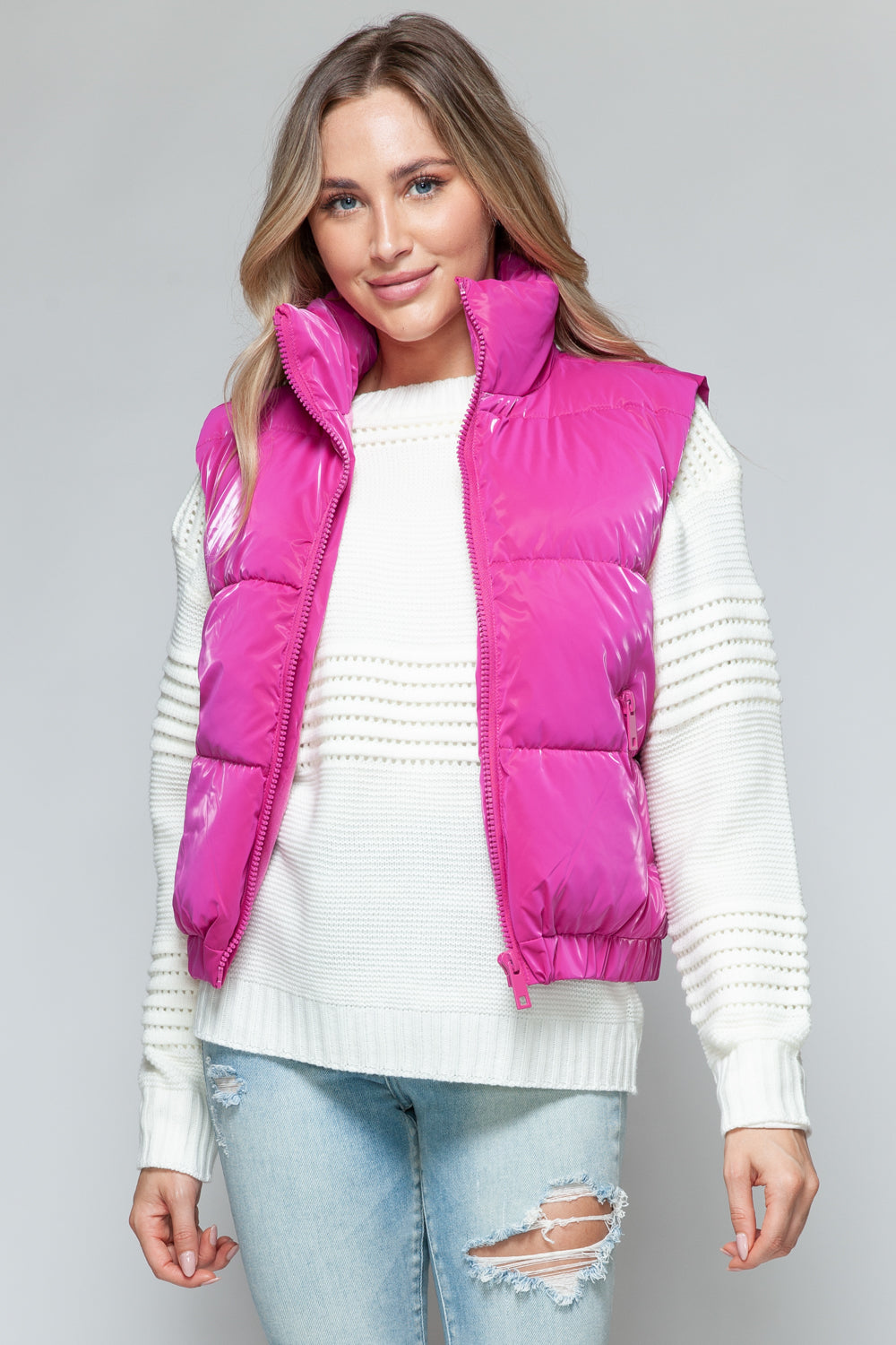 Womens Quilted Puffer Vest - Fur Lining - Hot Pink - Inspired Eye Boutique