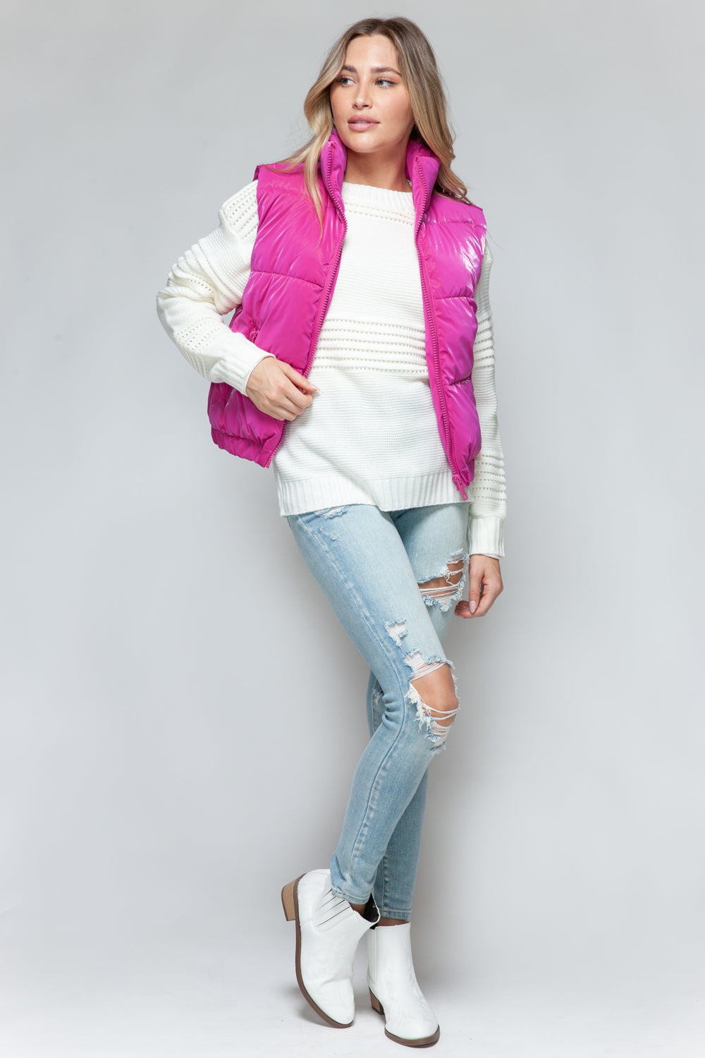 Womens Quilted Puffer Vest - Fur Lining - Hot Pink - Inspired Eye Boutique