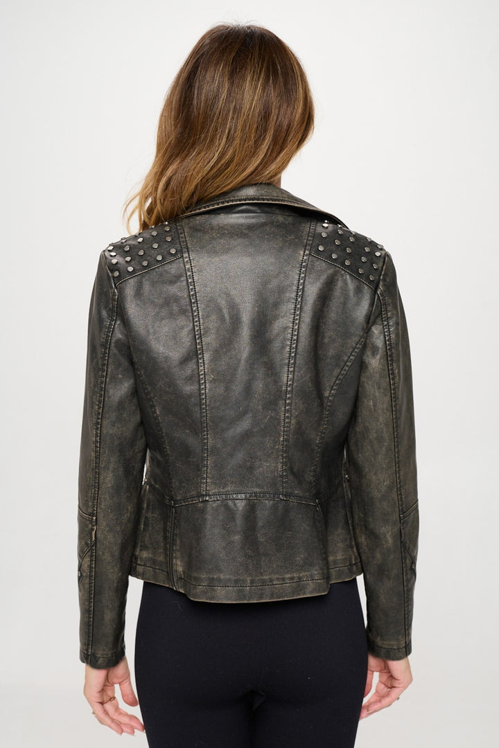 Womens Studded Faux Leather Moto Jacket - Brown - Inspired Eye Boutique