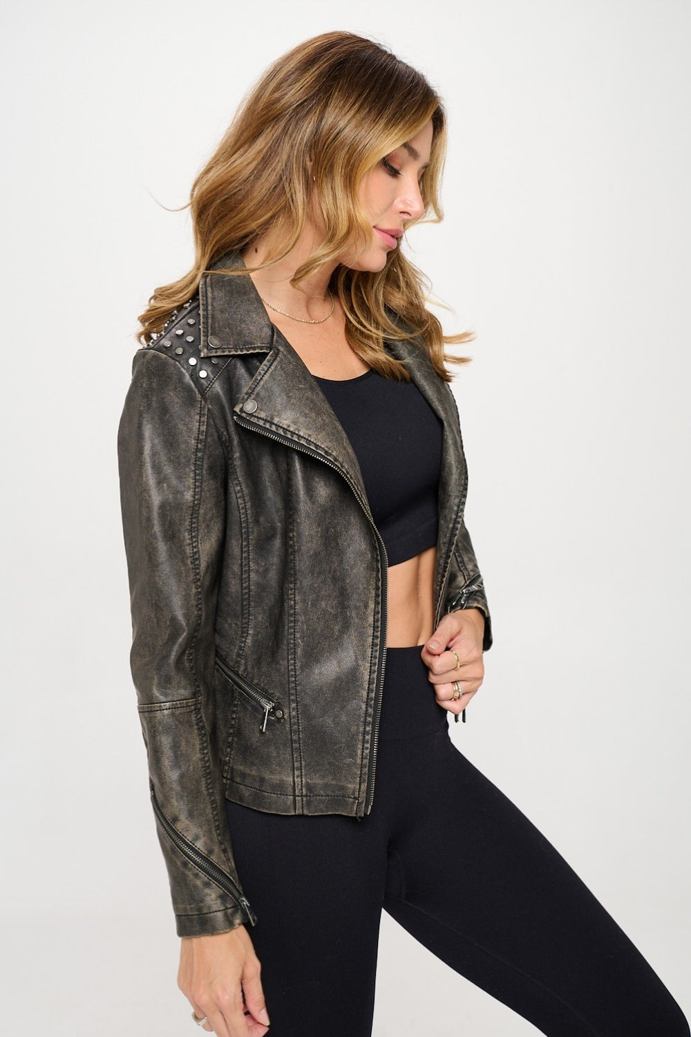 Womens Studded Faux Leather Moto Jacket - Brown - Inspired Eye Boutique