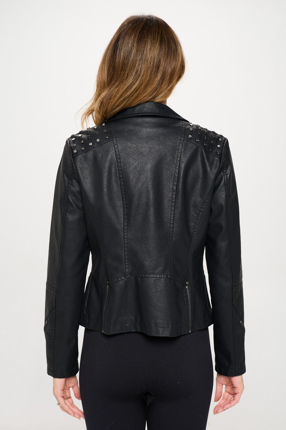 Womens Studded Faux Leather Motto Jacket - Black - Inspired Eye Boutique