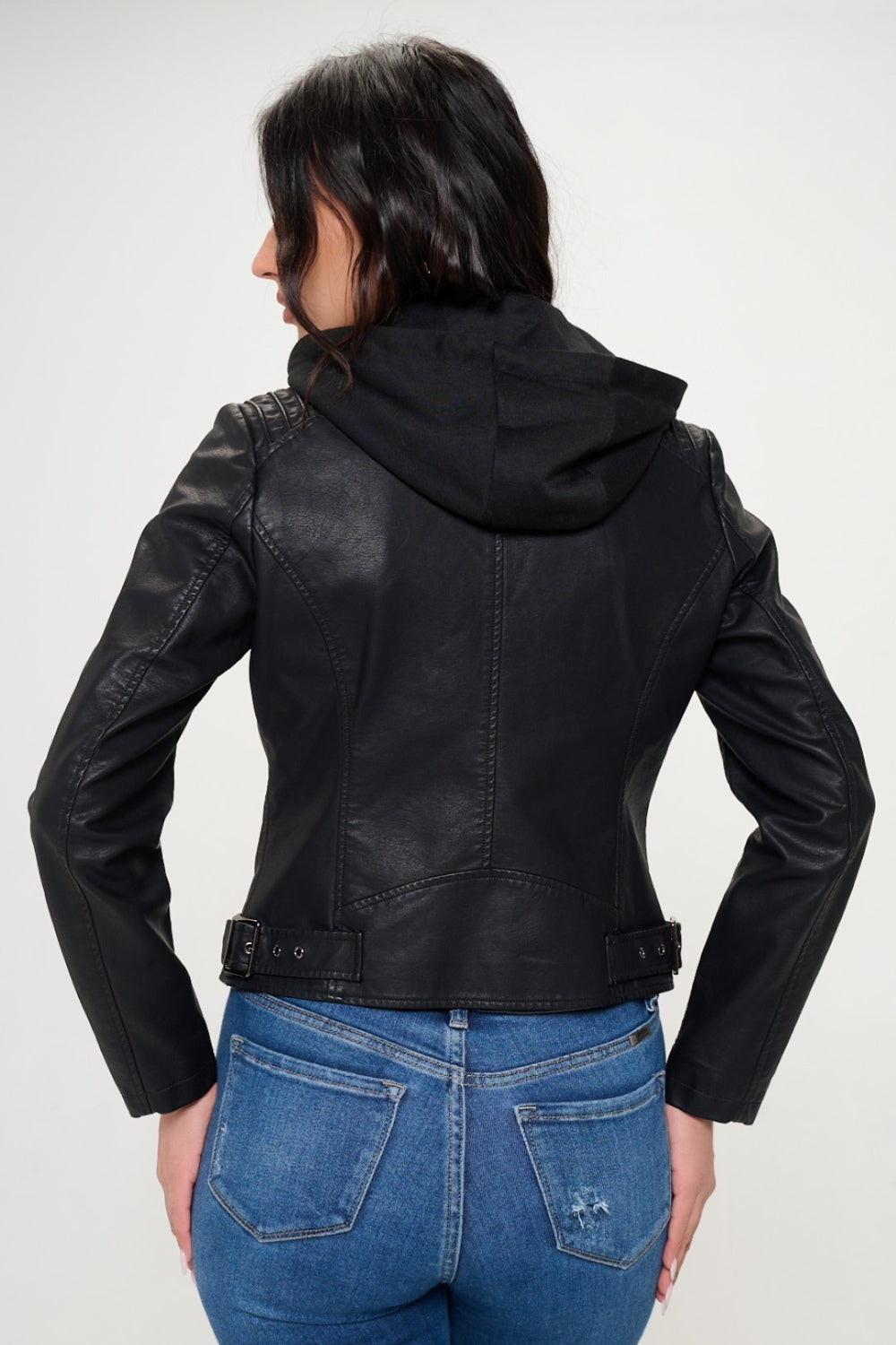 Womens Vegan Leather Hooded Jacket - Black - Inspired Eye Boutique