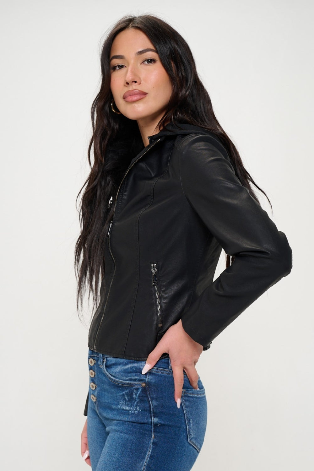 Womens Vegan Leather Hooded Jacket - Black - Inspired Eye Boutique