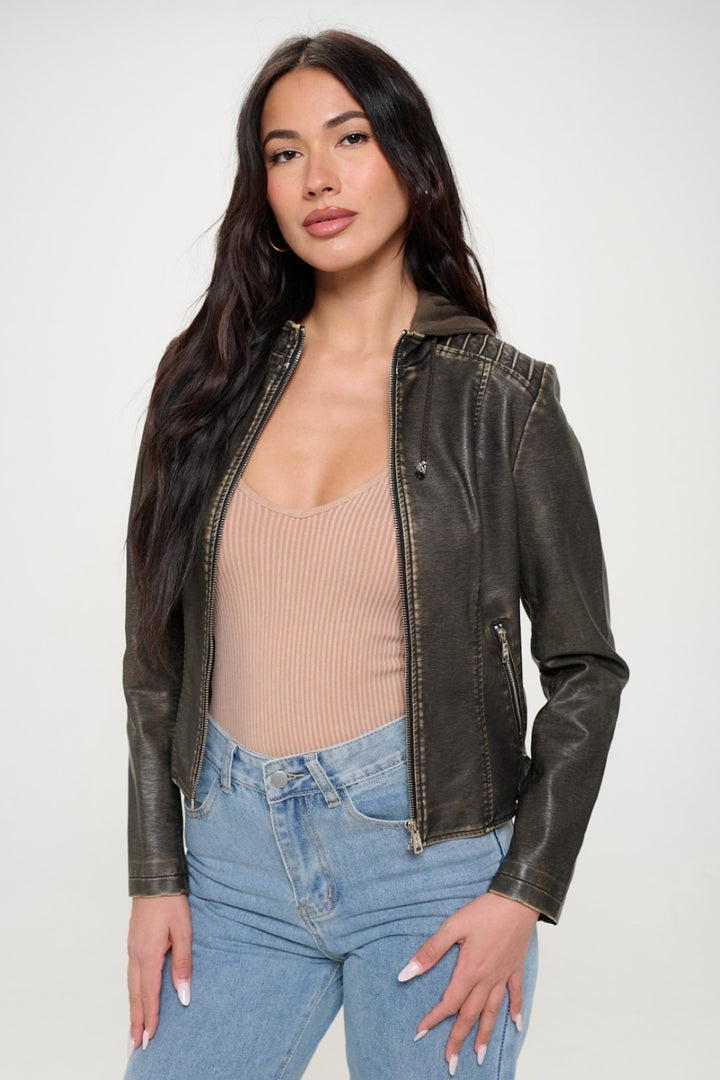 Womens Vegan Leather Hooded Jacket - Brown - Inspired Eye Boutique