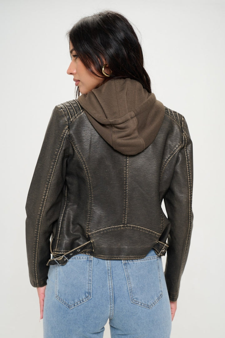 Womens Vegan Leather Hooded Jacket - Brown - Inspired Eye Boutique