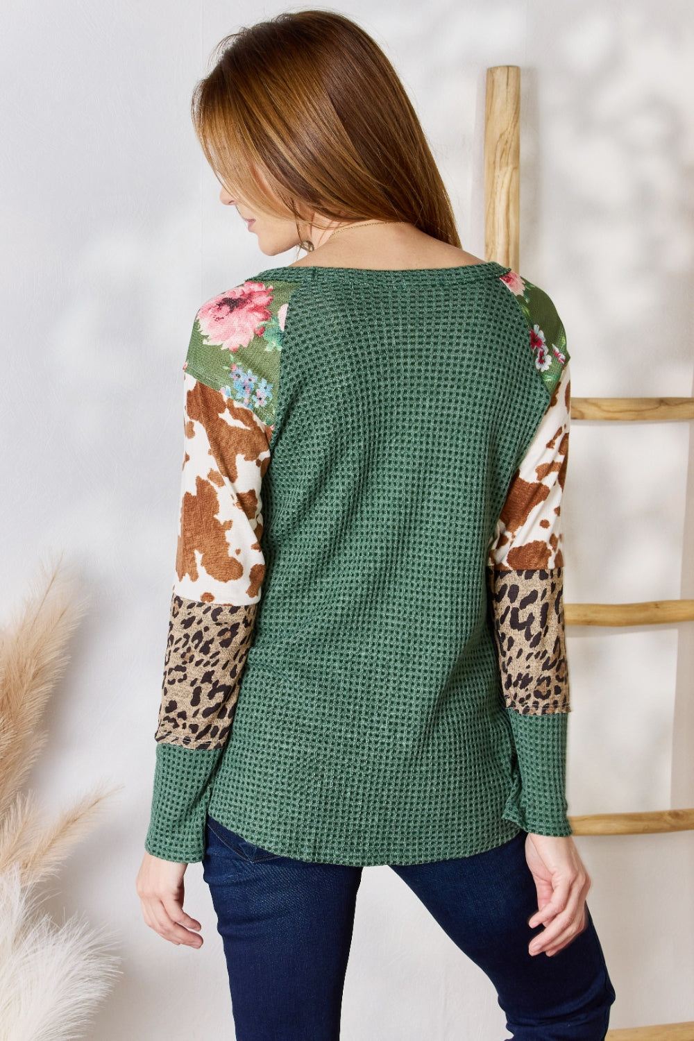 Womens Waffle Knit Printed Top Long Sleeve - Green - Inspired Eye Boutique