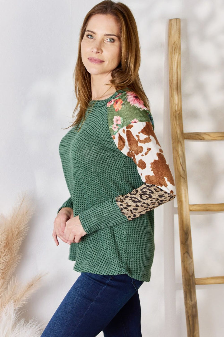 Womens Waffle Knit Printed Top Long Sleeve - Green - Inspired Eye Boutique