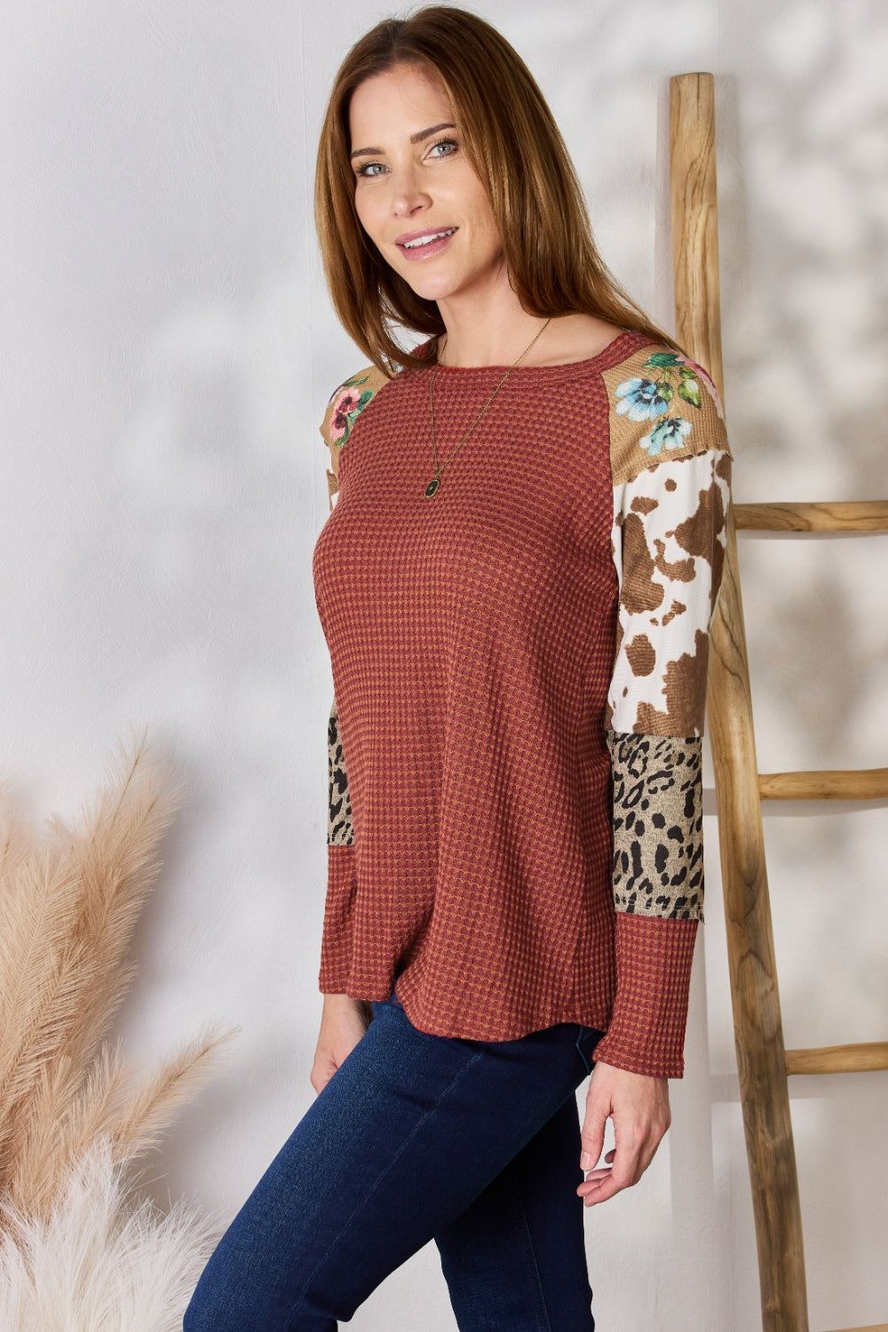 Womens Waffle Knit Printed Top - Leopard Sleeves - Inspired Eye Boutique