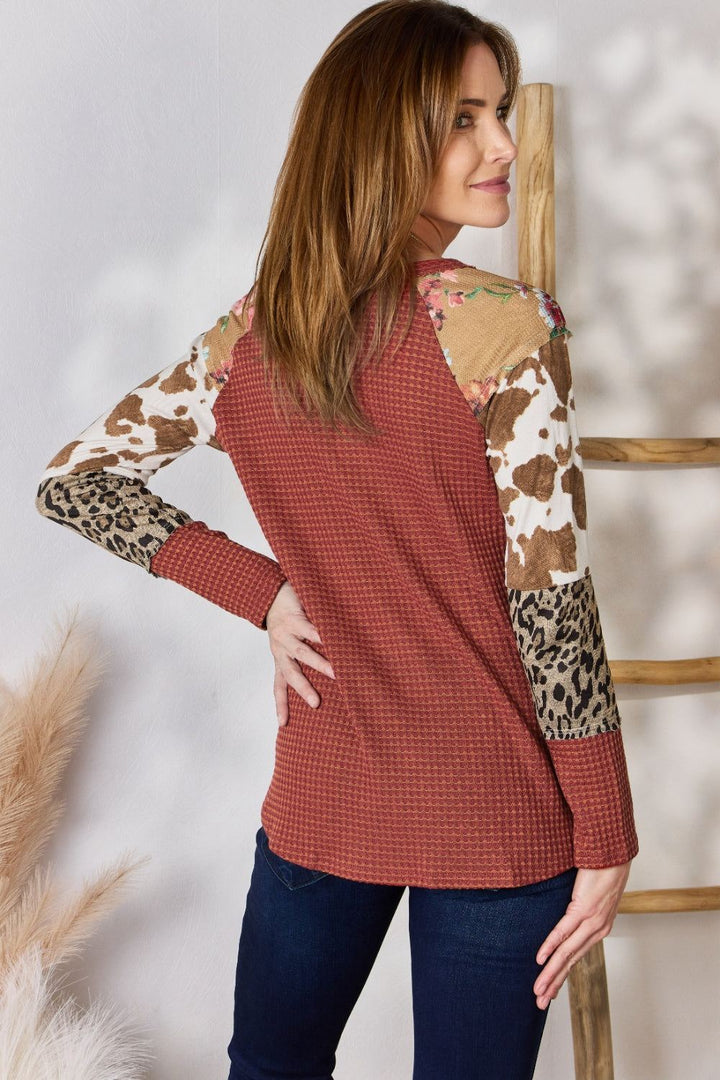 Womens Waffle Knit Printed Top - Leopard Sleeves - Inspired Eye Boutique