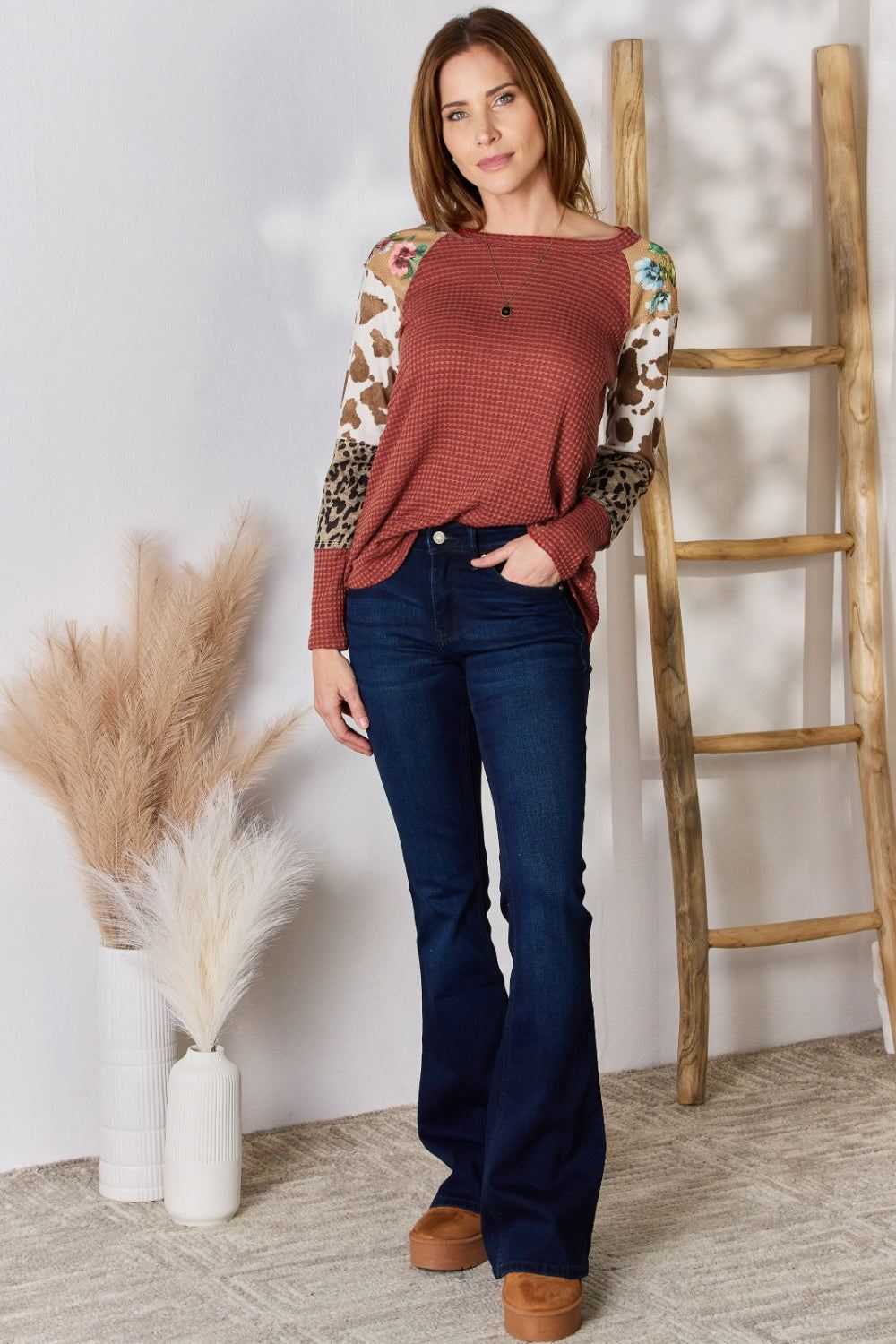 Womens Waffle Knit Printed Top - Leopard Sleeves - Inspired Eye Boutique