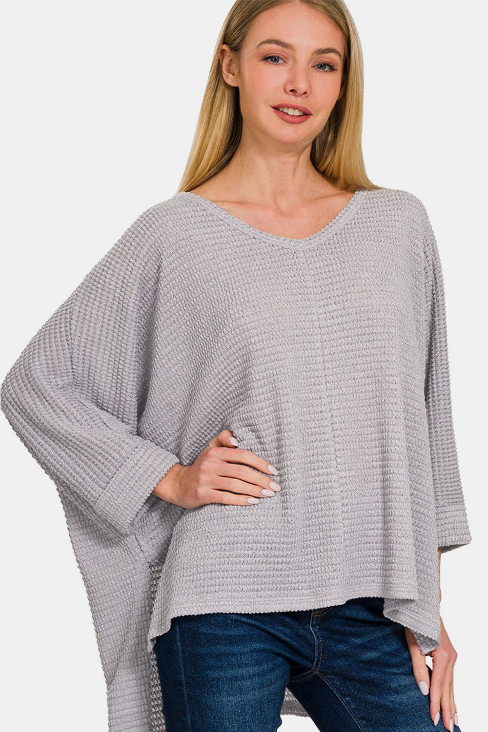 Zenana - 3/4 Sleeve Waffle Knit Top - Grey - Inspired Eye Boutique