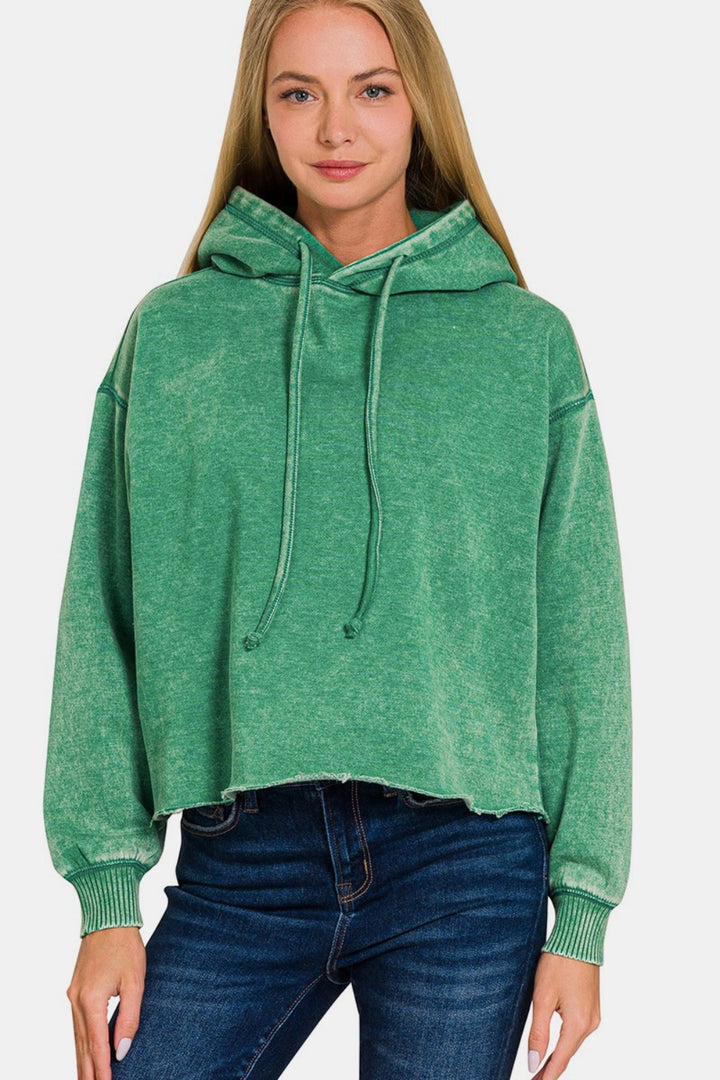 Zenana - Acid Wash Fleece Cropped Hoodie - Green - Inspired Eye Boutique