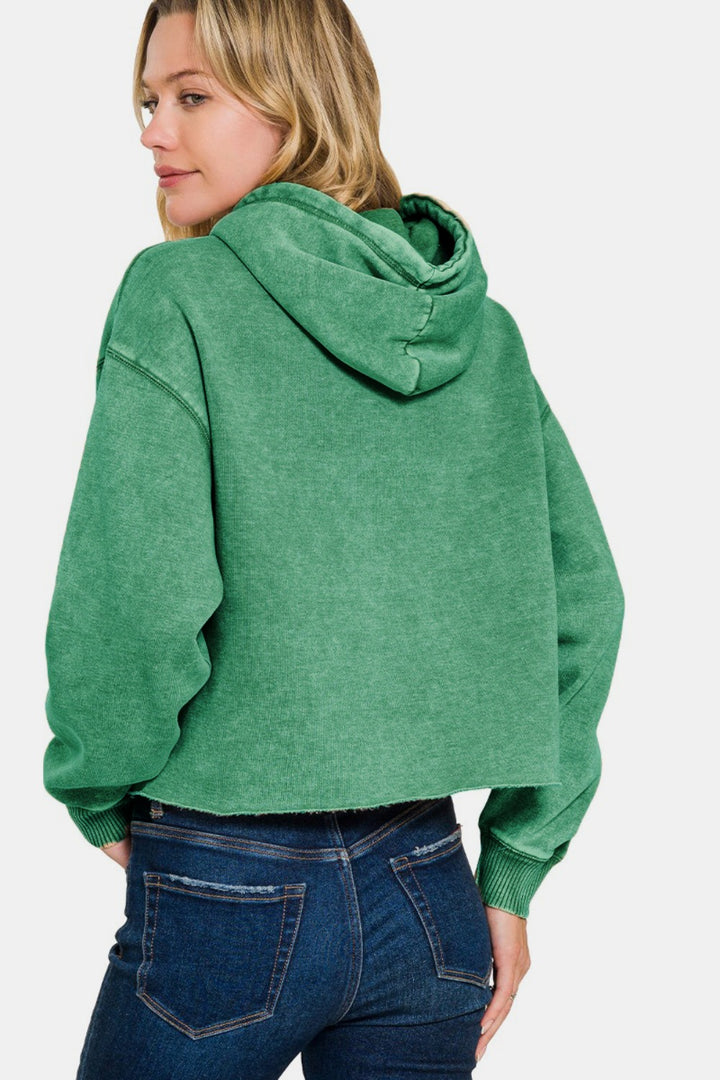 Zenana - Acid Wash Fleece Cropped Hoodie - Green - Inspired Eye Boutique