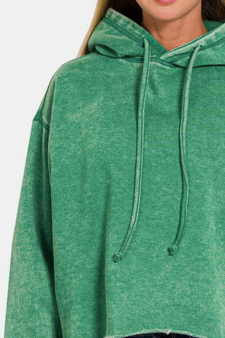 Zenana - Acid Wash Fleece Cropped Hoodie - Green - Inspired Eye Boutique