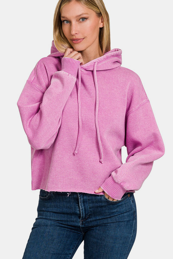 Zenana - Acid Wash Fleece Cropped Hoodie - Mauve - Inspired Eye Boutique