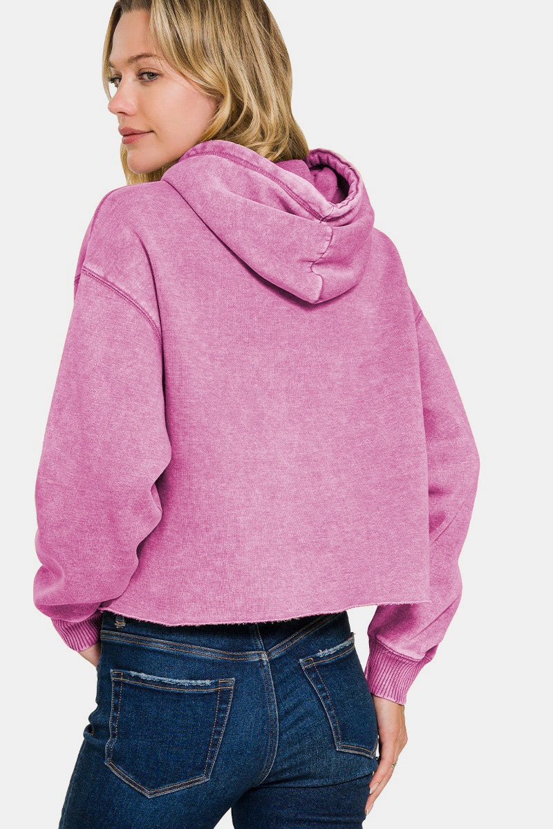 Zenana - Acid Wash Fleece Cropped Hoodie - Mauve - Inspired Eye Boutique