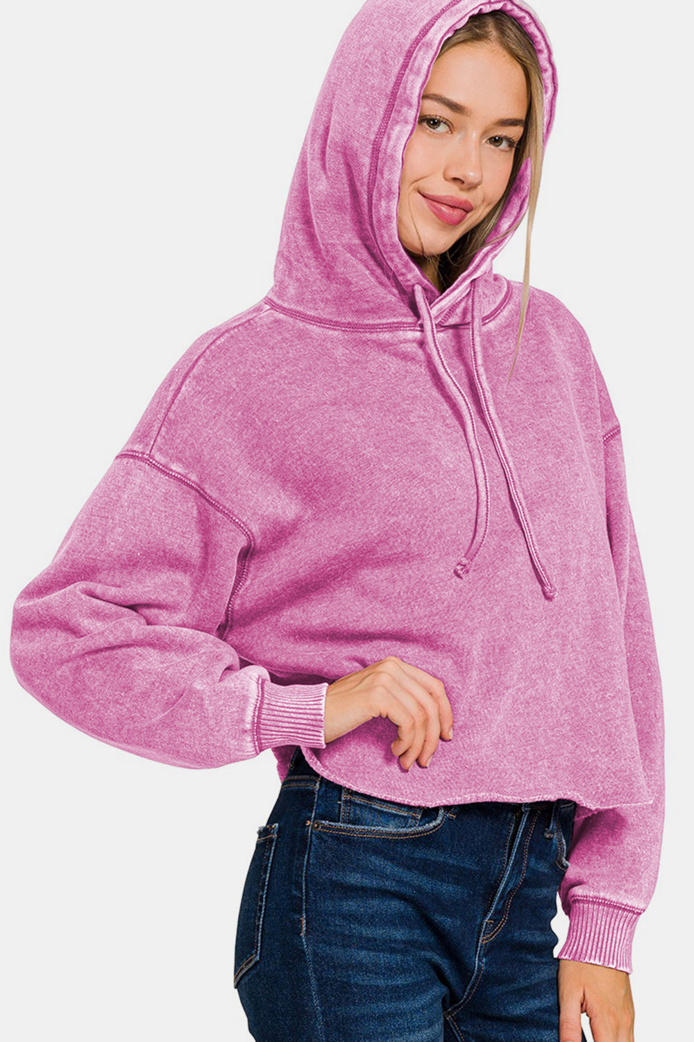 Zenana - Acid Wash Fleece Cropped Hoodie - Mauve - Inspired Eye Boutique