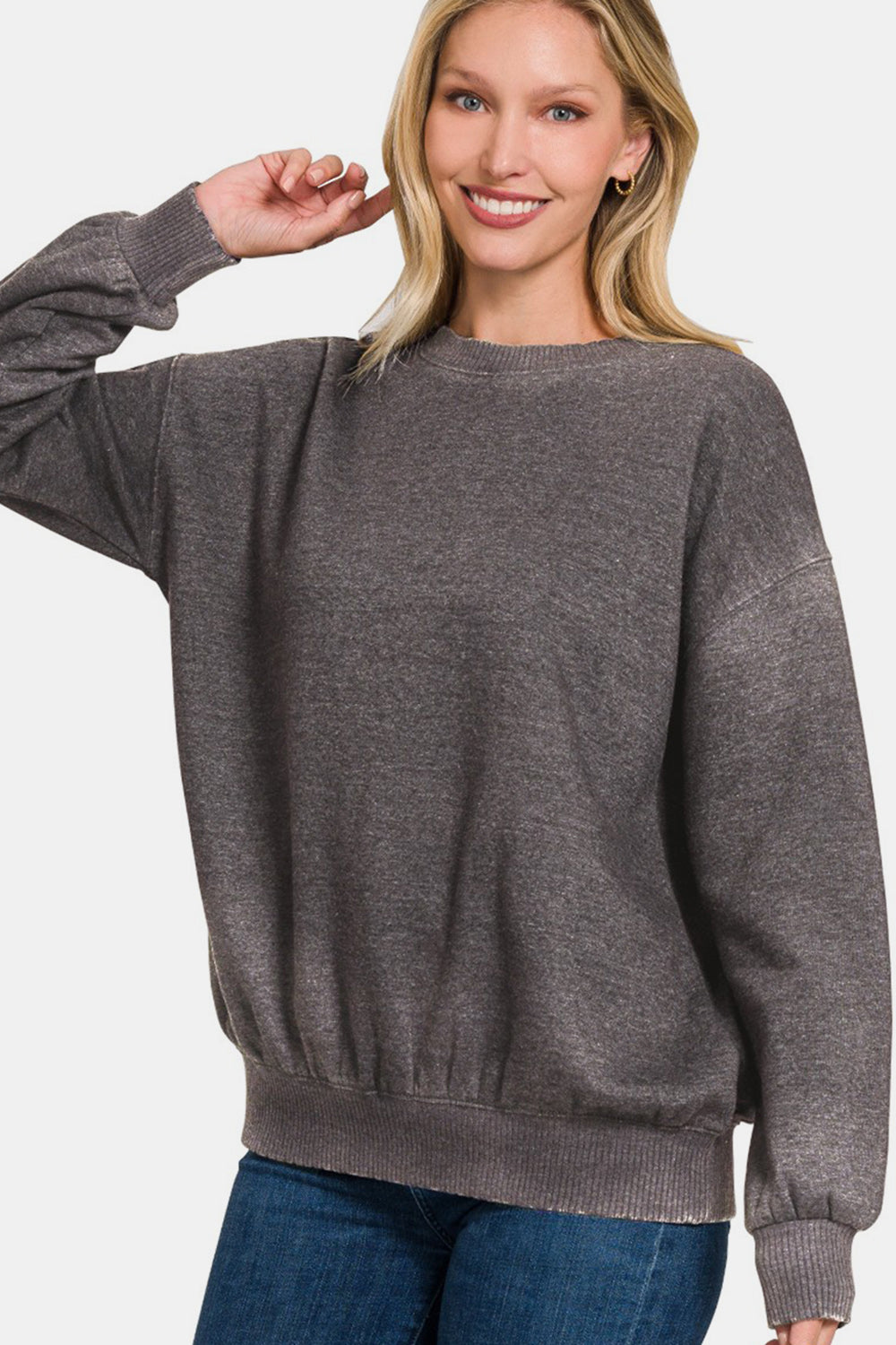 Zenana - Acid Wash Fleece Pullover Sweatshirt - Ash Black - Inspired Eye Boutique