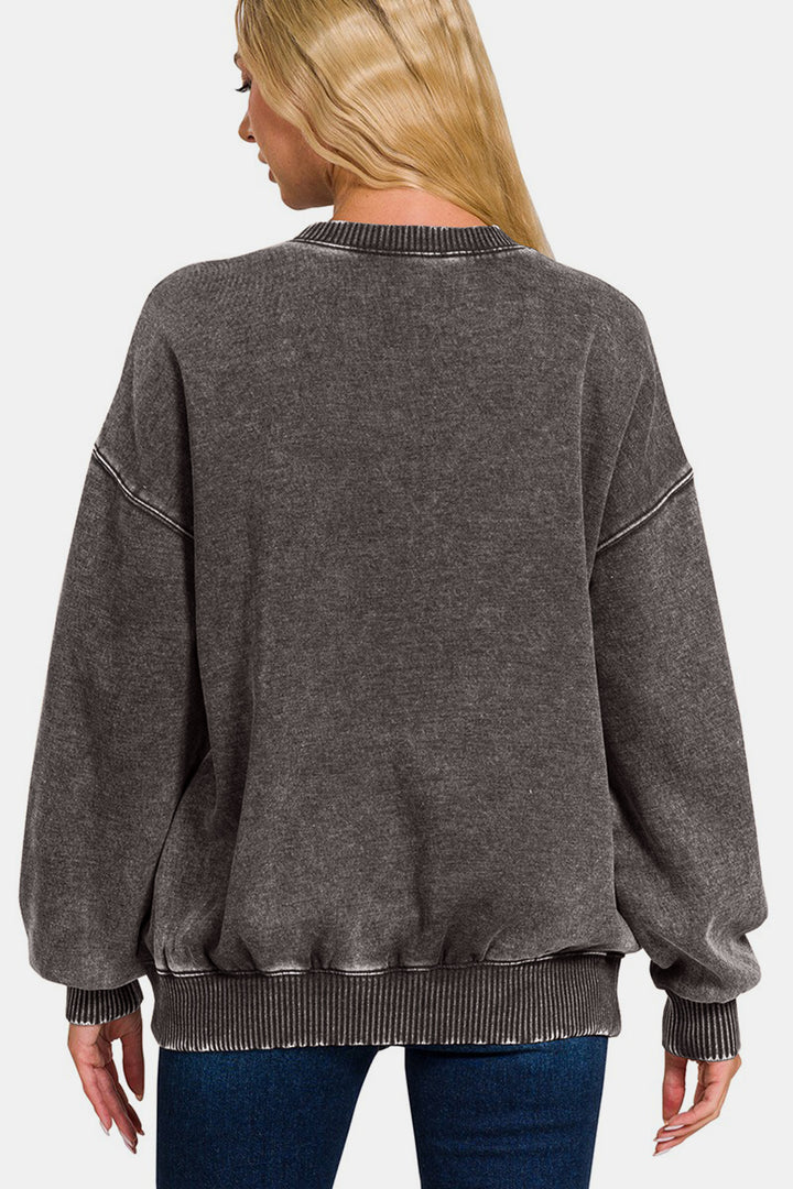 Zenana - Acid Wash Fleece Pullover Sweatshirt - Ash Black - Inspired Eye Boutique