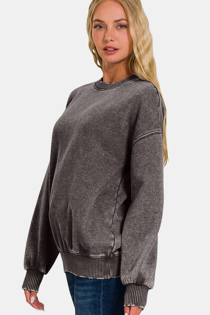 Zenana - Acid Wash Fleece Pullover Sweatshirt - Ash Black - Inspired Eye Boutique