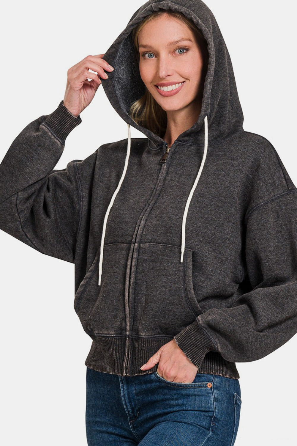 Zenana - Acid Wash Fleece Zip-Up Hoodie - Ash Black - Inspired Eye Boutique