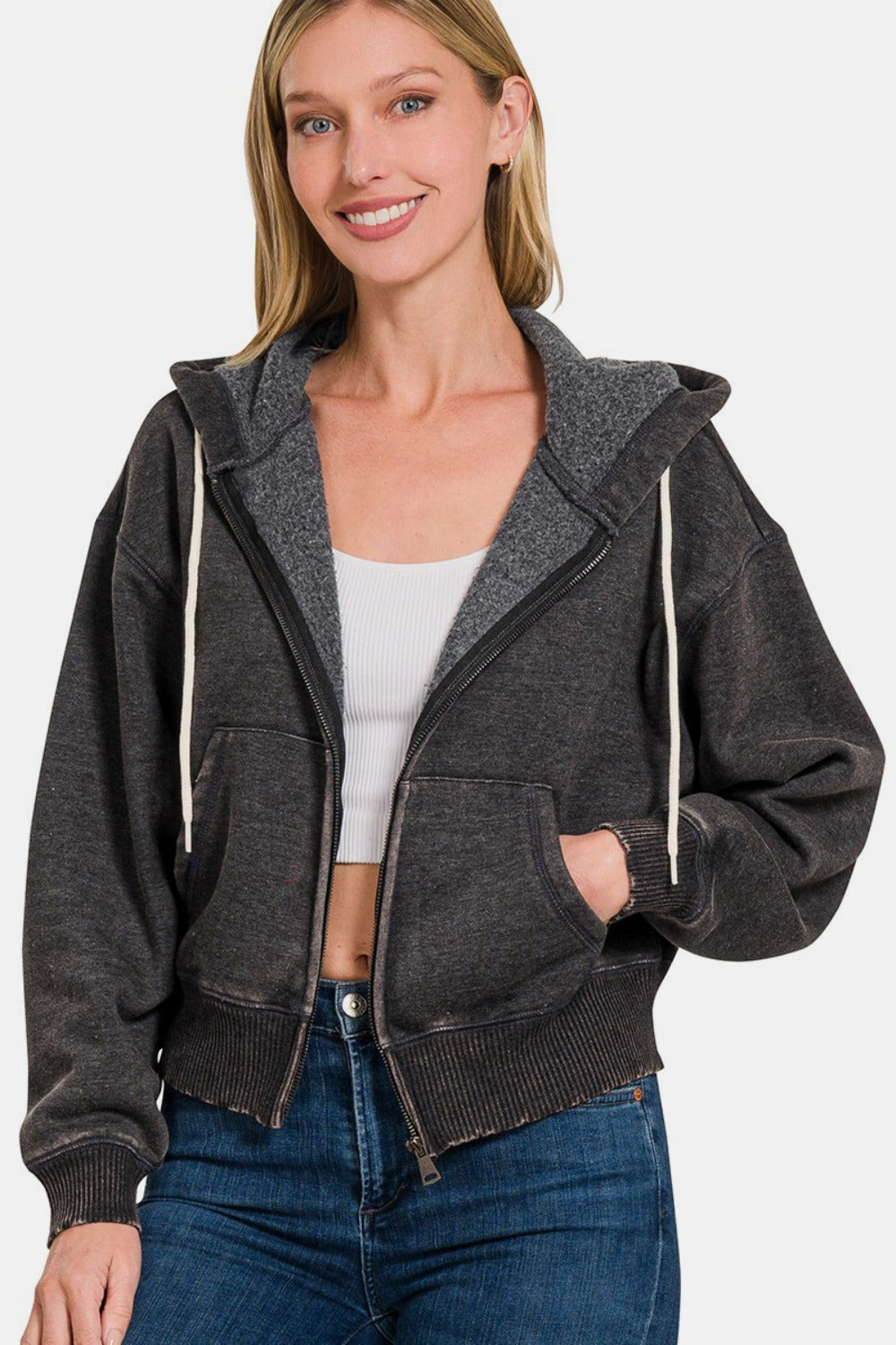 Zenana - Acid Wash Fleece Zip-Up Hoodie - Ash Black - Inspired Eye Boutique