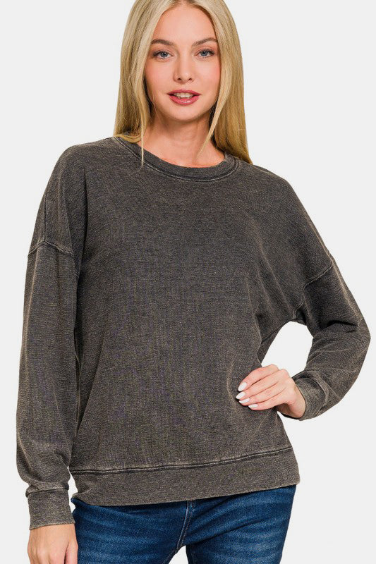 Zenana - Acid Wash French Terry Pullover - Black - Inspired Eye Boutique