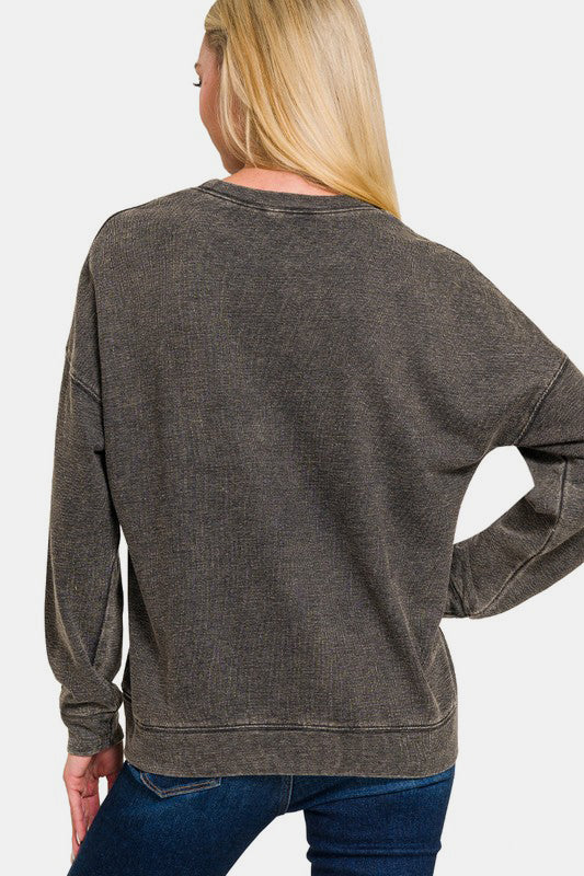 Zenana - Acid Wash French Terry Pullover - Black - Inspired Eye Boutique