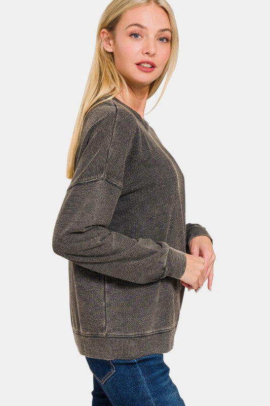 Zenana - Acid Wash French Terry Pullover - Black - Inspired Eye Boutique