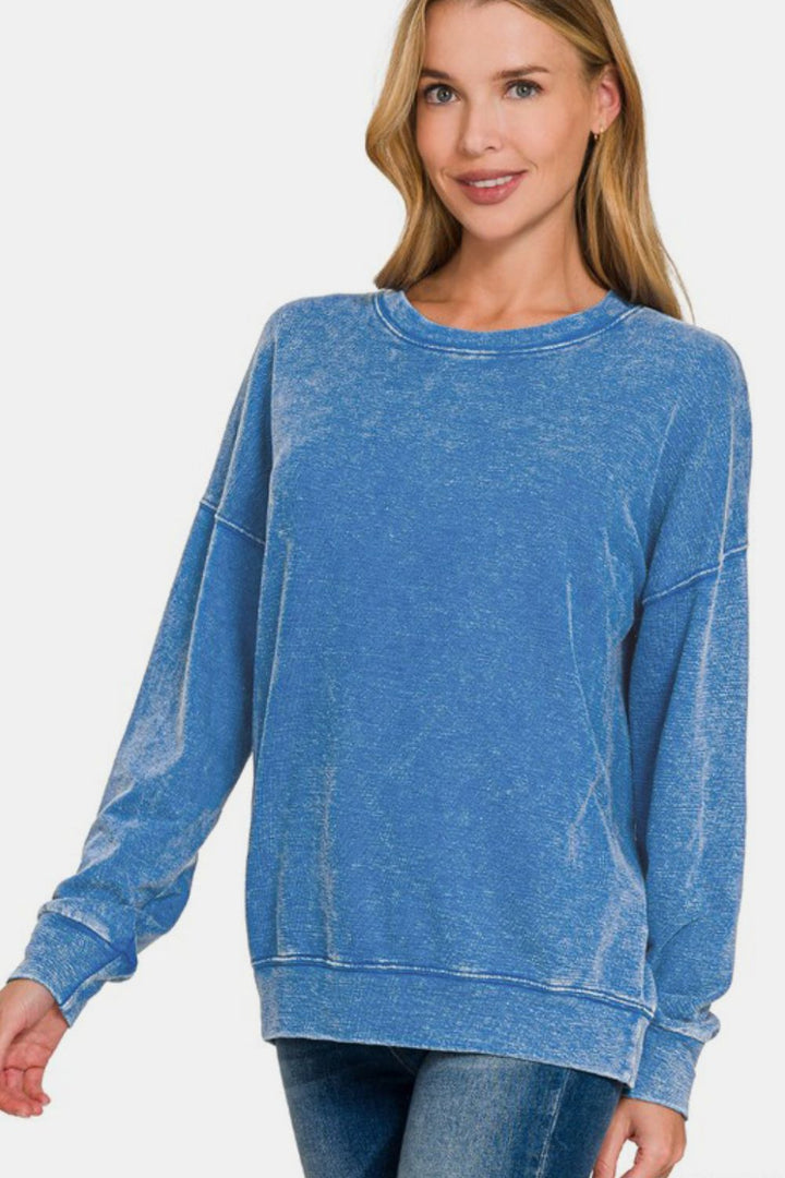 Zenana - Acid Wash French Terry Pullover - Blue - Inspired Eye Boutique