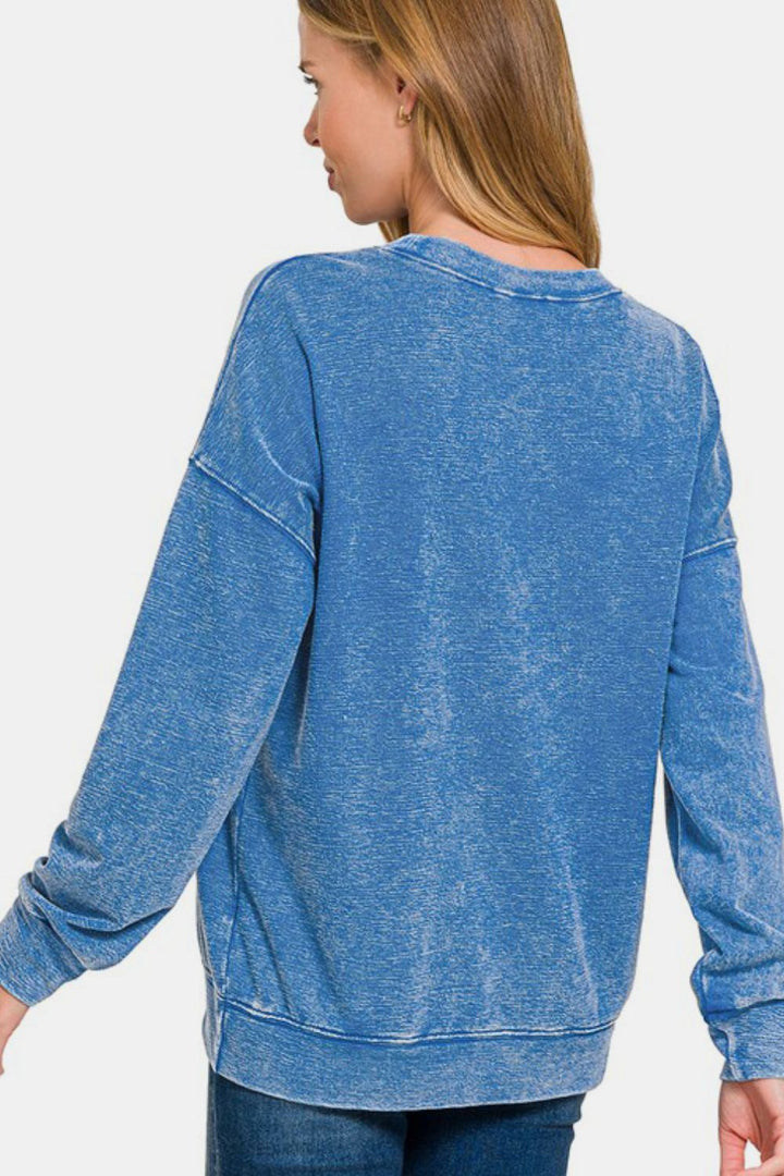 Zenana - Acid Wash French Terry Pullover - Blue - Inspired Eye Boutique