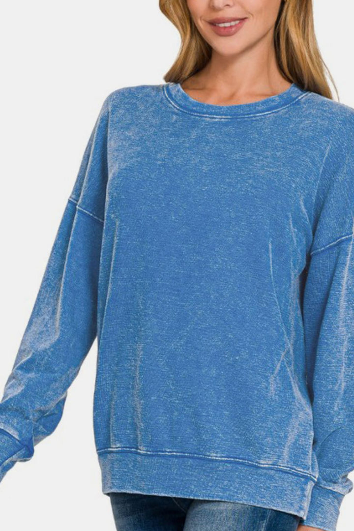 Zenana - Acid Wash French Terry Pullover - Blue - Inspired Eye Boutique