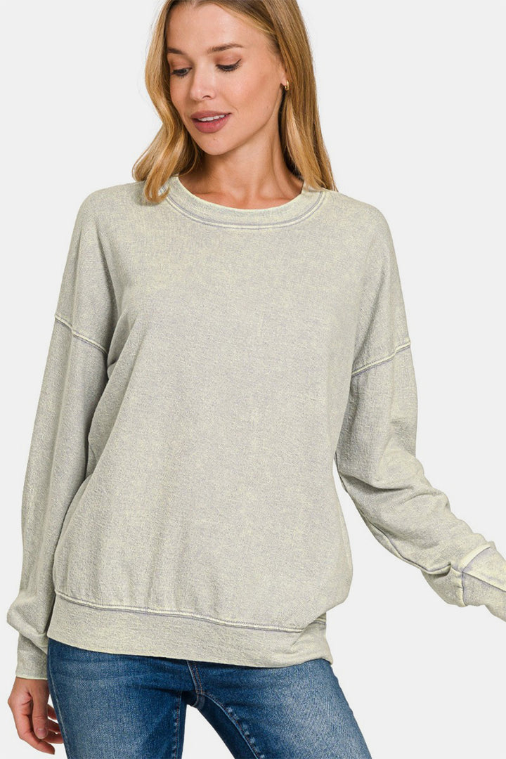 Zenana - Acid Wash French Terry Pullover - Grey - Inspired Eye Boutique