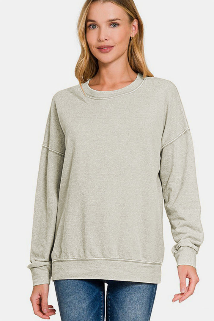 Zenana - Acid Wash French Terry Pullover - Grey - Inspired Eye Boutique