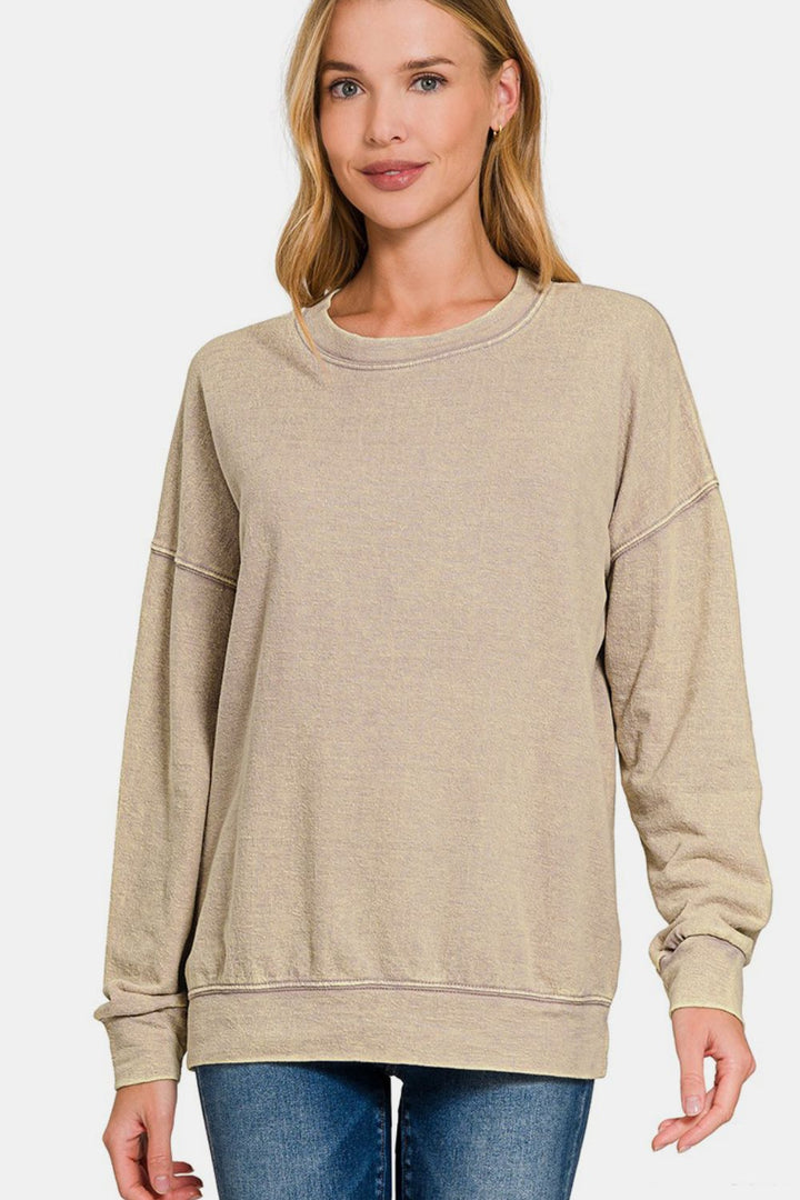 Zenana - Acid Wash French Terry Pullover - Khaki - Inspired Eye Boutique