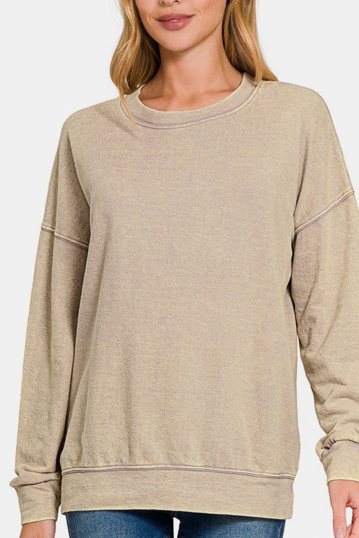 Zenana - Acid Wash French Terry Pullover - Khaki - Inspired Eye Boutique