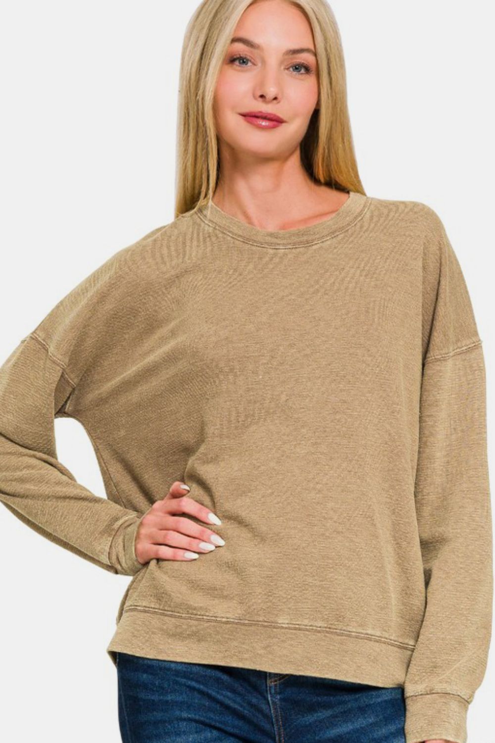 Zenana - Acid Wash French Terry Pullover - Mocha - Inspired Eye Boutique